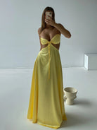 Nadine | Yellow Strapless Back Tie Satin A - line Prom Dress - KissProm