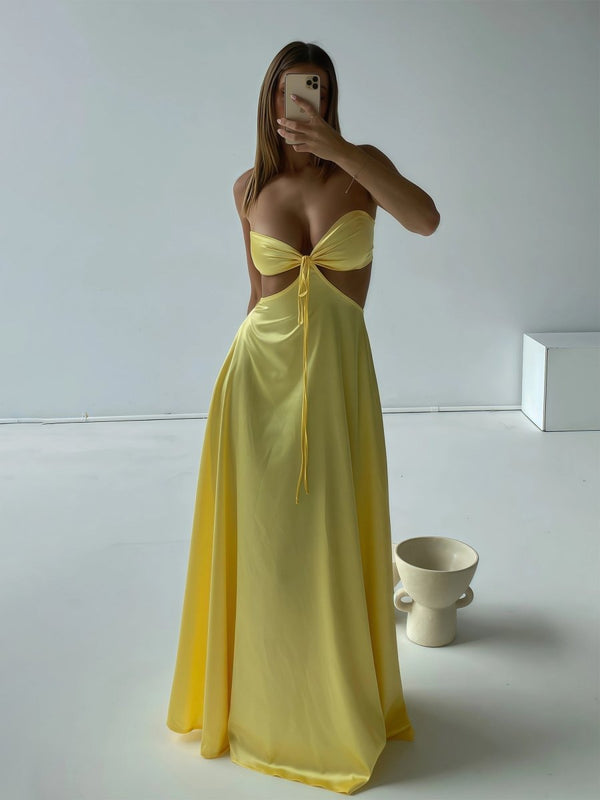 Nadine | Yellow Strapless Back Tie Satin A - line Prom Dress - KissProm