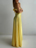 Nadine | Yellow Strapless Back Tie Satin A - line Prom Dress - KissProm