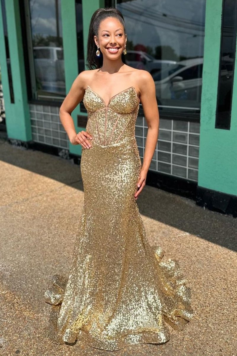 Gold Strapless Mermaid Sequins Long Prom Dress Gold Strapless Mermaid Sequins Long Prom Dress