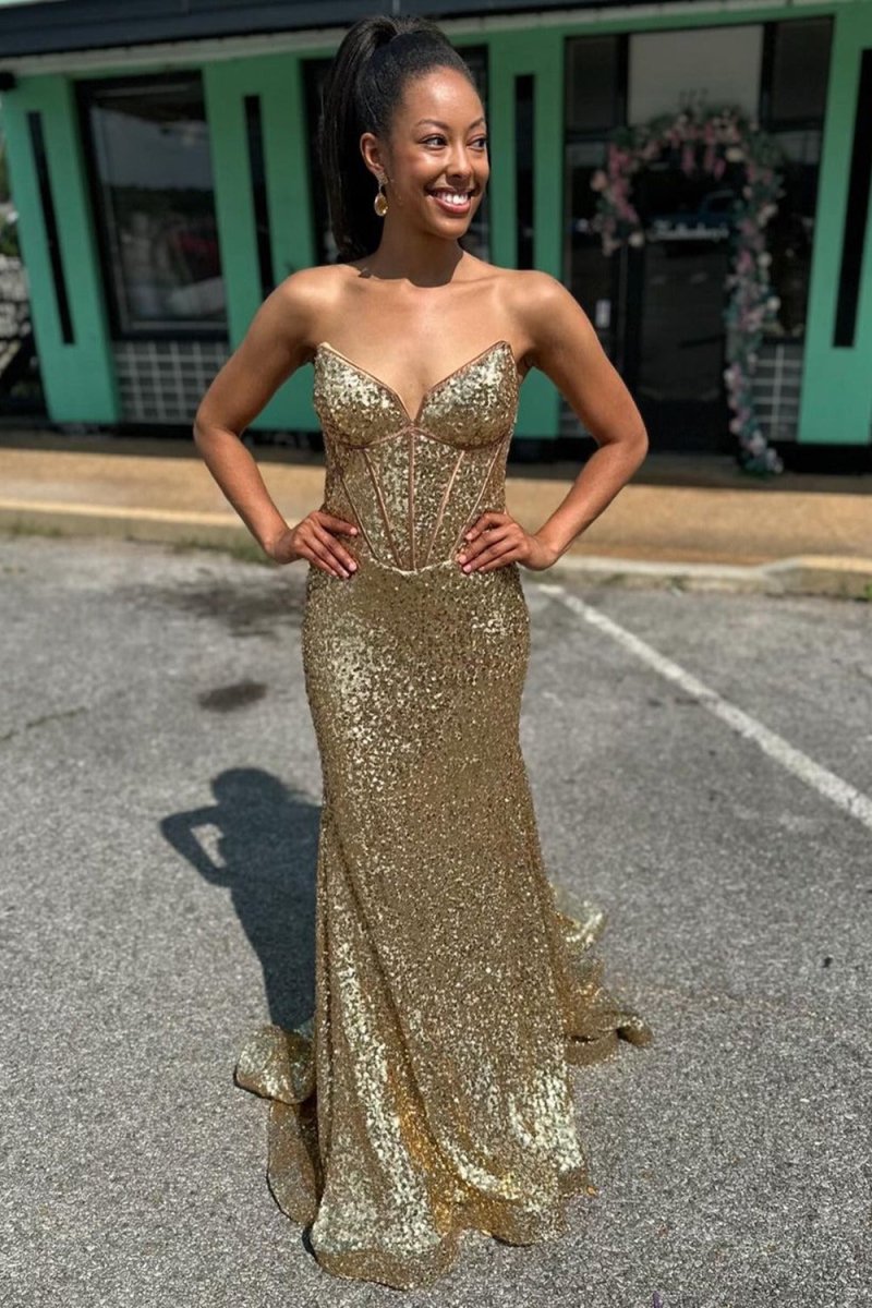 gold sequin strapless backless mermaid prom dress fitted lace wedding dress Gold Strapless Mermaid Sequins Long Prom Dress