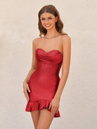 Nadirae | Red - Strapless Bodycon Satin Ruffles Short Homecoming Dresses With Beading