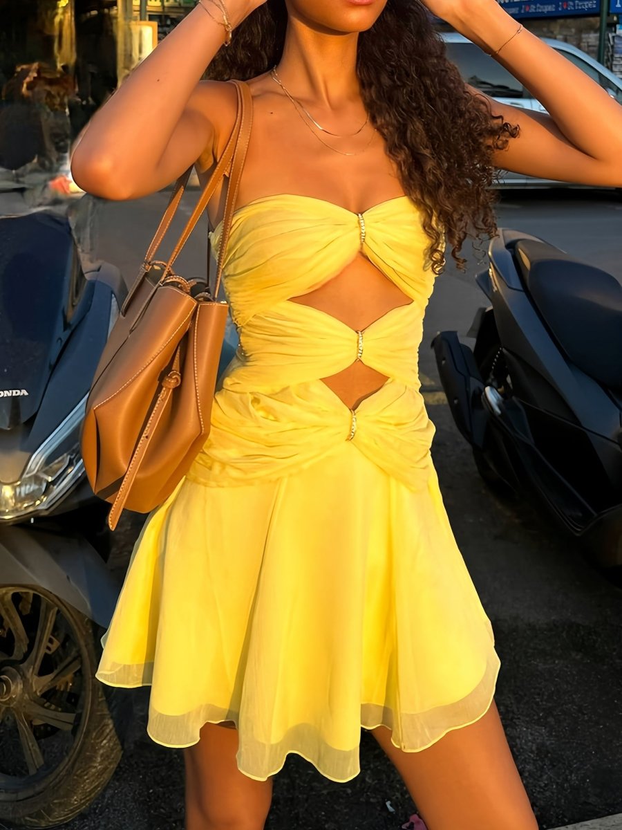 Naerys | Yellow - Strapless A Line Chiffon Cutout Short Homecoming Dresses With Beading