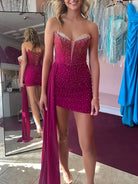 Naeva | Fuchsia - Bodycon V Neck Corset Short Homecoming Dresses With Beadings