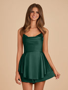 Naevira | Dark Green - A Line Cowl Neck Satin Short Homecoming Dresses - KissProm