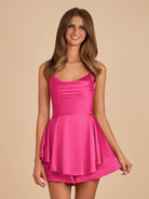 Naevira | Hot Pink - A Line Cowl Neck Satin Short Homecoming Dresses