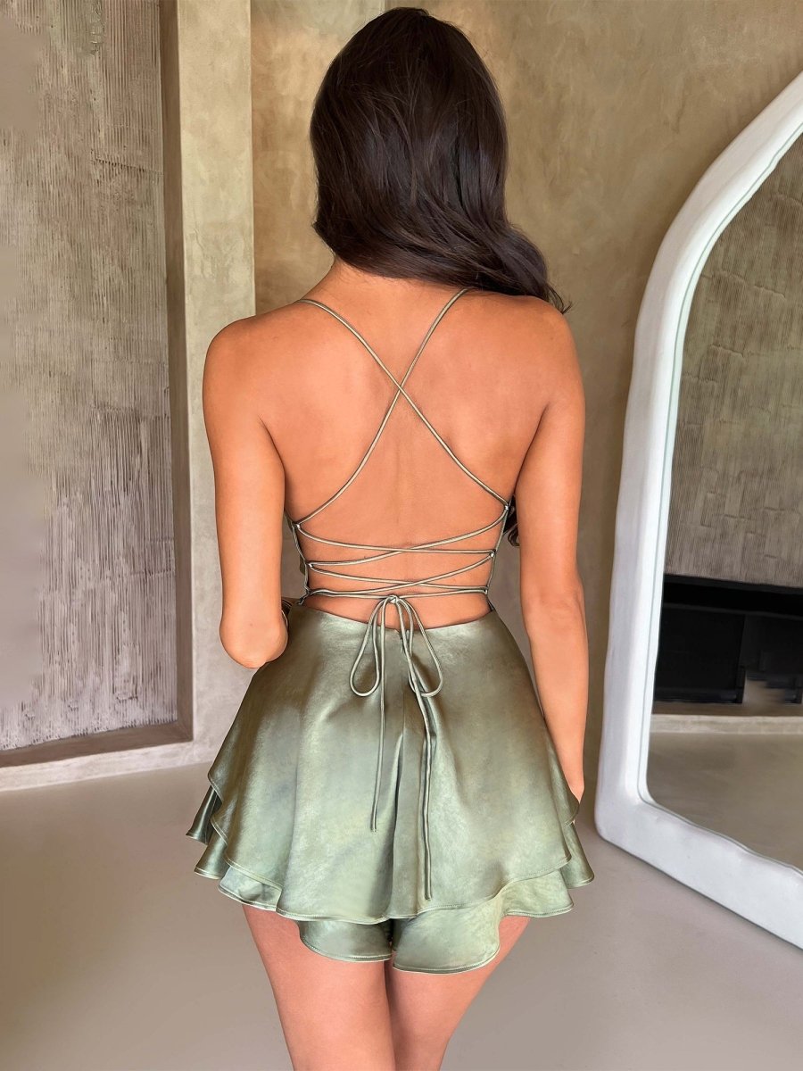 Naevira | Sage - A Line Cowl Neck Satin Short Homecoming Dresses