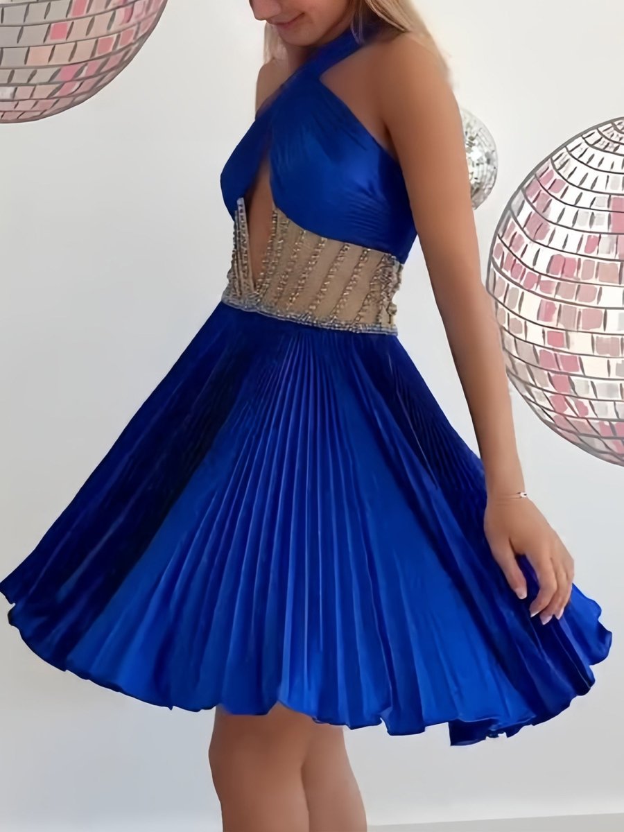 Naida | Royal Blue - A Line Halter Satin Pleasted Cut Out Homecoming Dresses
