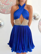 Naida | Royal Blue - A Line Halter Satin Pleasted Cut Out Homecoming Dresses