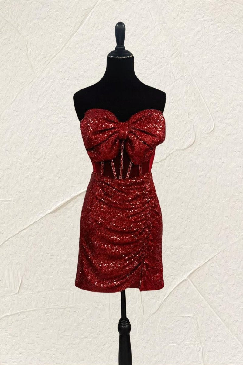 Nalie | Burgundy - Bodycon Strapless Sequined Homecoming Dresses With Bow