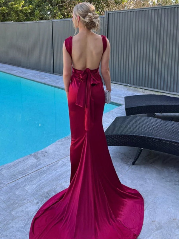 KissProm Burgundy Mermaid Straps Satin Pleated Long Prom Dress with Train, Burgundy / 0