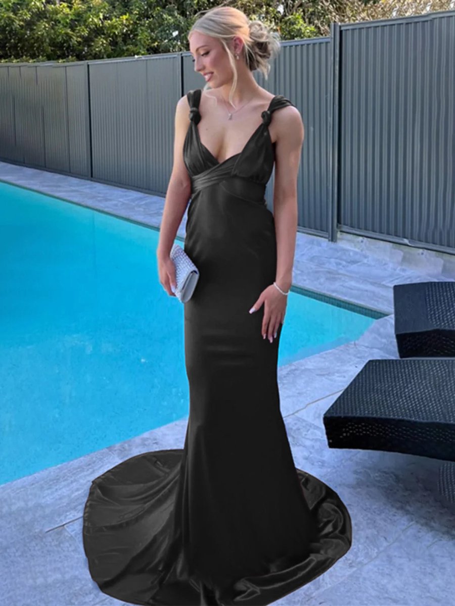 open lace back dress Burgundy Mermaid Straps Satin Pleated Long Prom Dress with Train