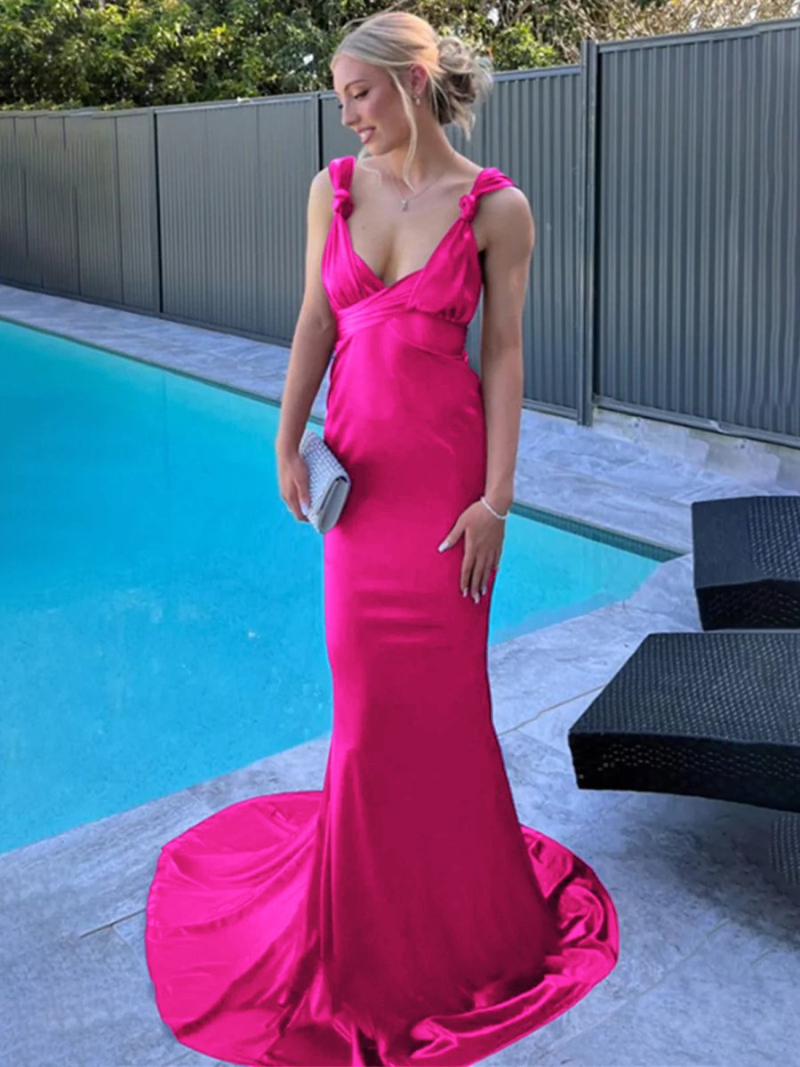 Burgundy Mermaid Straps Satin Pleated Long Prom Dress with Train