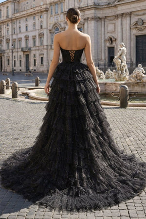 Black Strapless High Low Ruffles Tulle Prom Dress - KissProm