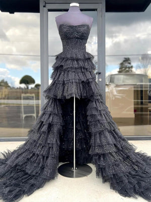 Black | Strapless High Low Ruffles Tulle Prom Dress -KissProm