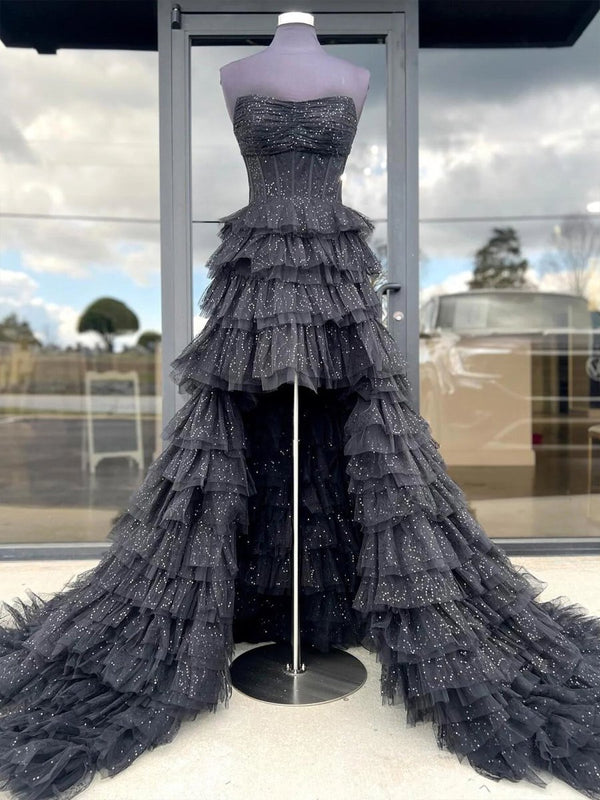 Black | Strapless High Low Ruffles Tulle Prom Dress -KissProm