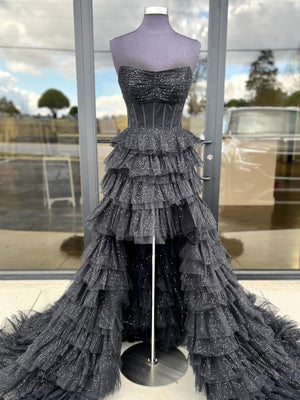 Black | Strapless High Low Ruffles Tulle Prom Dress -KissProm