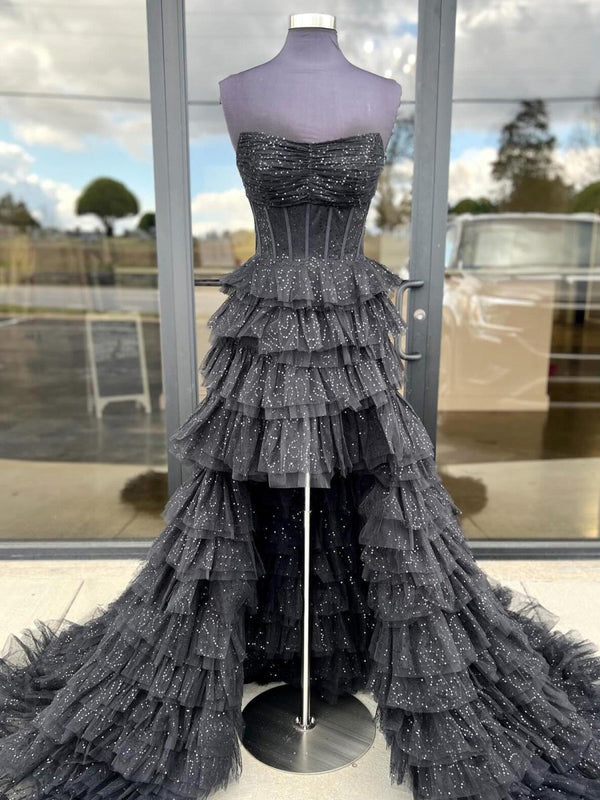 Black | Strapless High Low Ruffles Tulle Prom Dress -KissProm