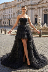Black Strapless High Low Ruffles Tulle Prom Dress - KissProm