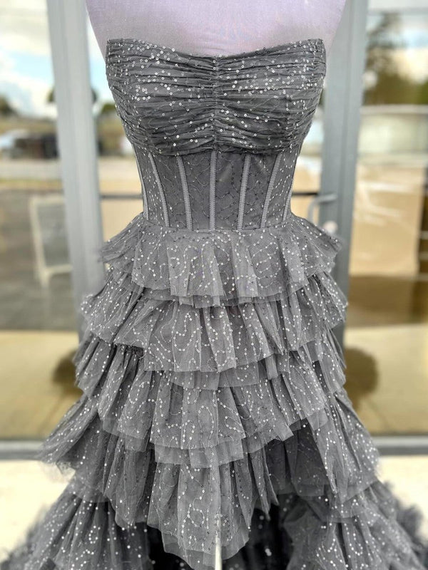 Black | Strapless High Low Ruffles Tulle Prom Dress -KissProm
