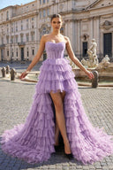 Black Strapless High Low Ruffles Tulle Prom Dress - KissProm