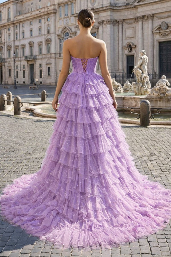 Black Strapless High Low Ruffles Tulle Prom Dress