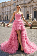 Black Strapless High Low Ruffles Tulle Prom Dress - KissProm