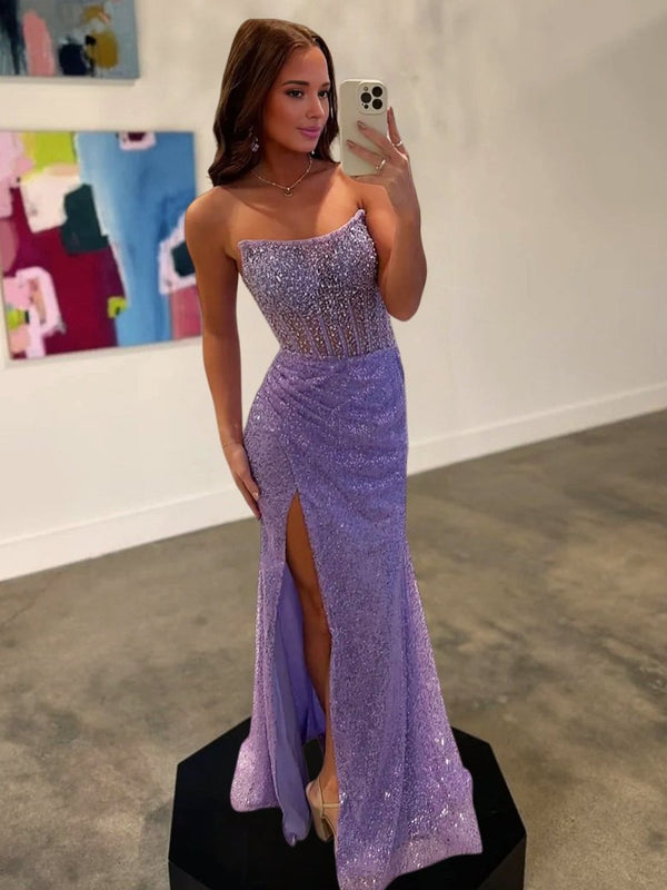 Narcissa | Strapless Mermaid Long Sequins Prom Dress With Split - KissProm