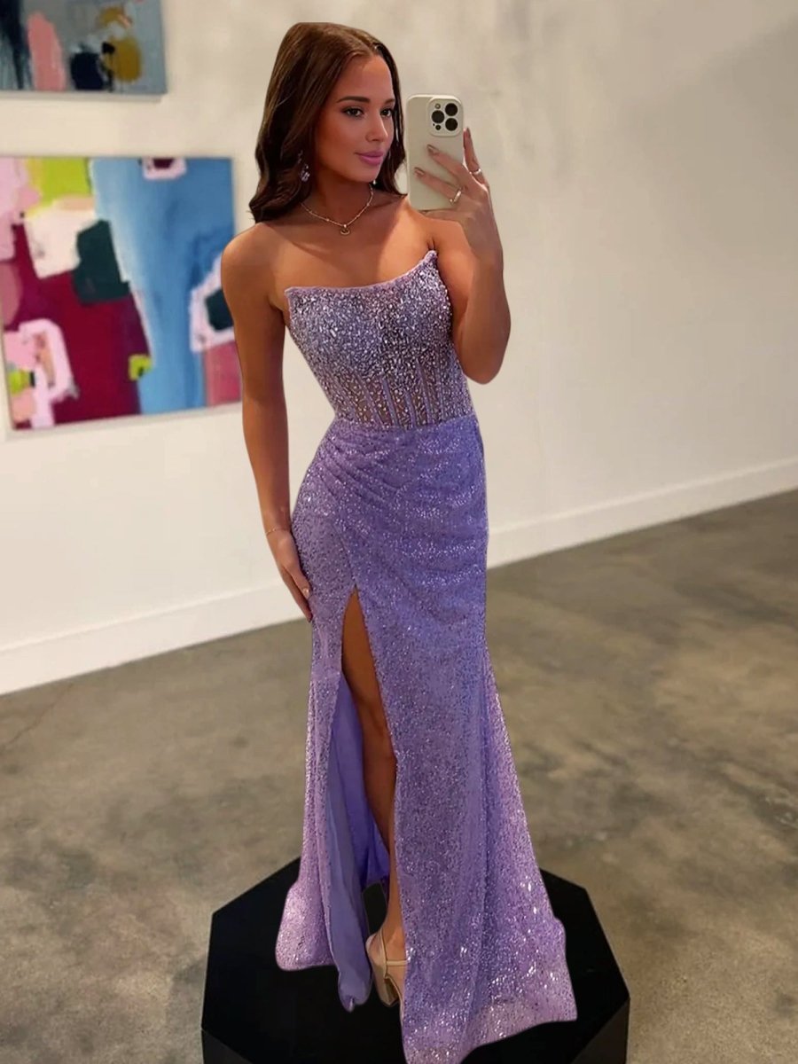Narcissa | Strapless Mermaid Long Sequins Prom Dress With Split - KissProm
