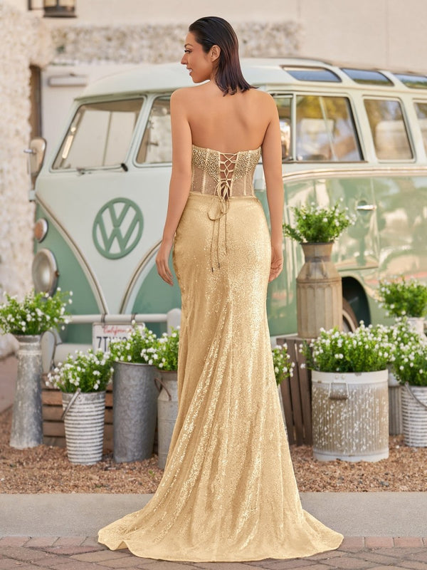 Strapless Mermaid Long Sequins Prom Dress With Split
