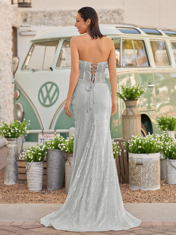 silver strapless mermaid dress Strapless Mermaid Long Sequins Prom Dress With Split