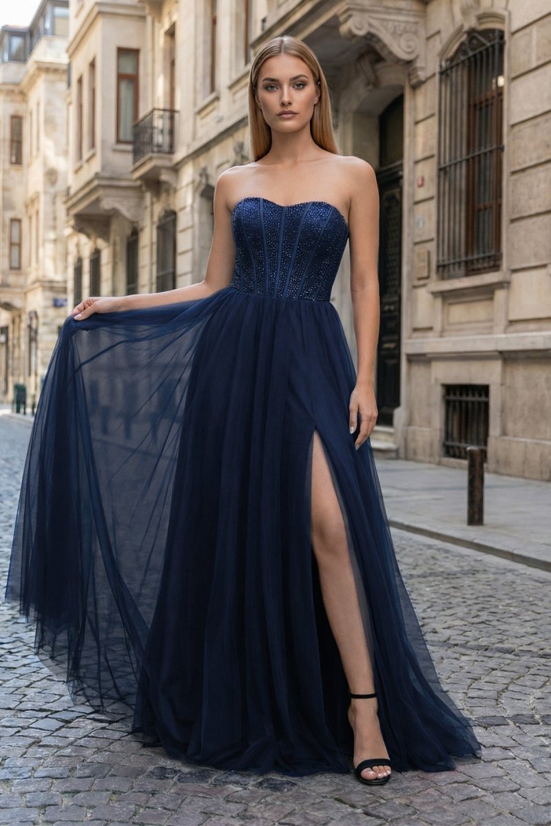 A-Line Sweetheart Beads Empire-Waist Sleeveless Prom Dress With Slit