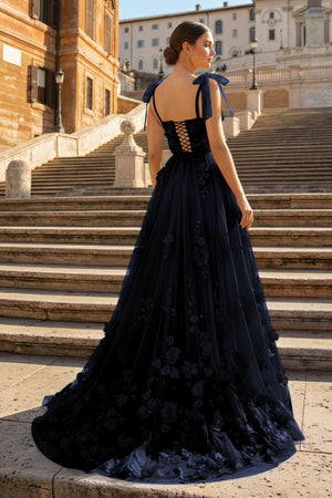 KissProm-Navy Blue Scarlet Tulle A-line 3D Flower Long Prom Dress With Slit