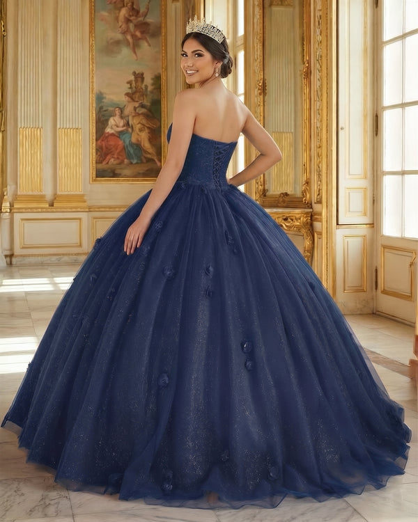 Navy Blue 3D Flowers Glitter Sequins Sleeveless Quinceanera Dresses (2) | KISSPROM