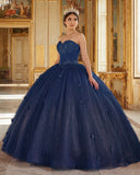 Navy Blue 3D Flowers Glitter Sequins Sleeveless Quinceanera Dresses | KISSPROM
