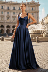 Navy Blue A-line Cowl Neck Satin Long Formal Dress | KISSPROM