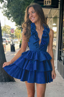 Navy Blue A-Line Deep Halter Satin Short Homecoming Dress with Ruffles | KISSPROM