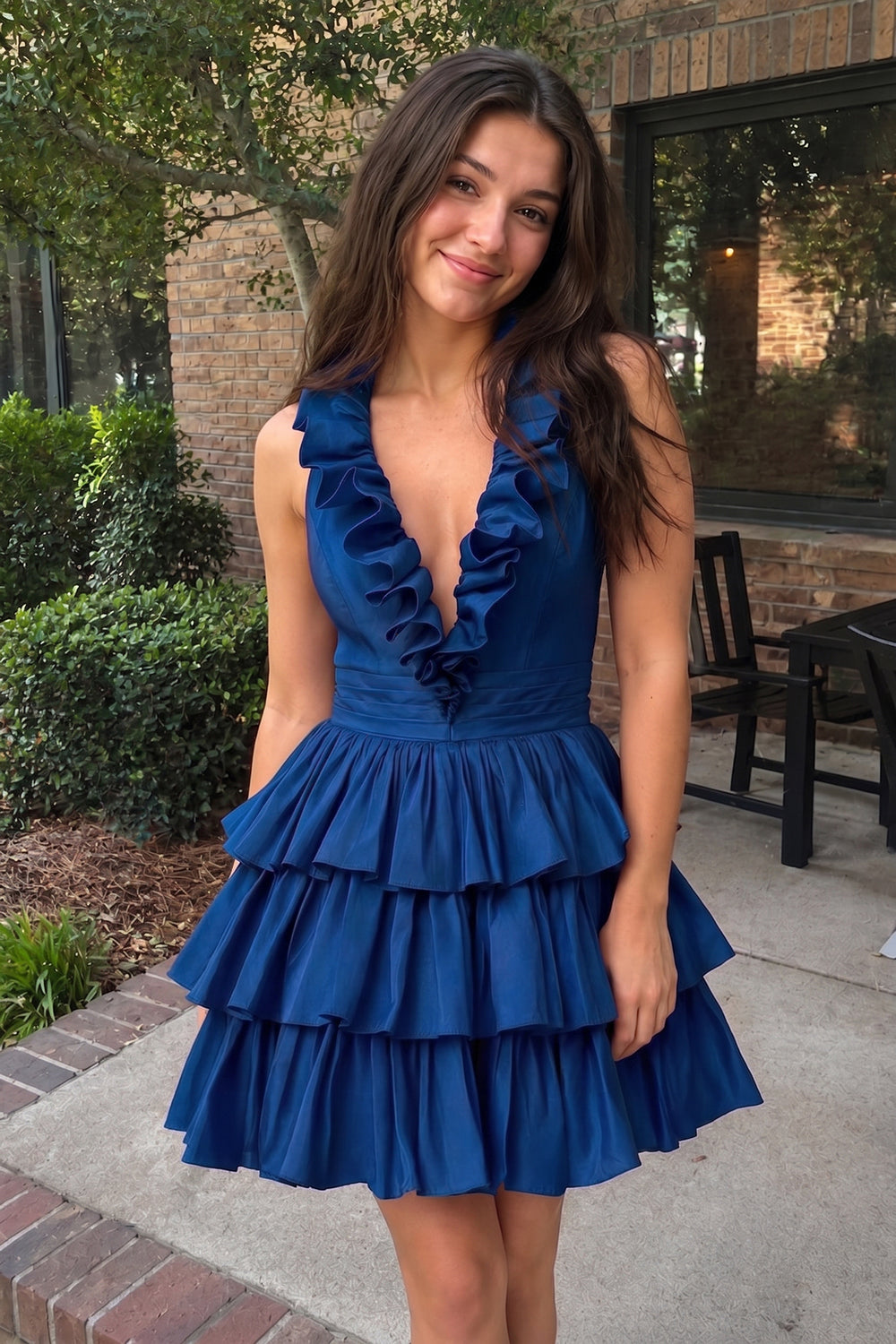 Navy Blue A-Line Deep Halter Satin Short Homecoming Dress with Ruffles | KISSPROM