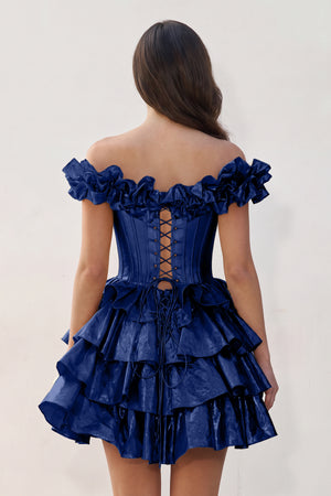 Navy Blue A-Line Off-the-Shoulder Corset Ruffle Tiered Homecoming Dress (2) | KISSPROM