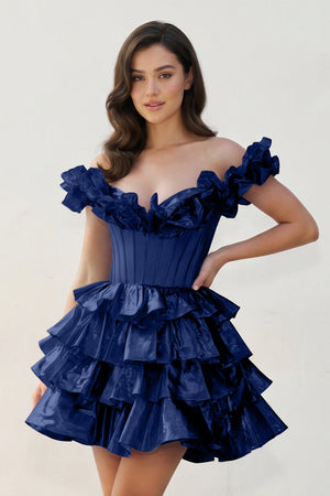 Navy Blue A-Line Off-the-Shoulder Corset Ruffle Tiered Homecoming Dress | KISSPROM