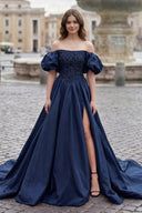 Navy Blue A-Line Off The Shoulder Taffeta Prom Dress With Short Puffy Sleeves | KISSPROM