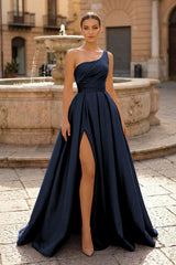 Navy Blue A Line One Shoulder Satin Long Formal Dress with Slit | KISSPROM