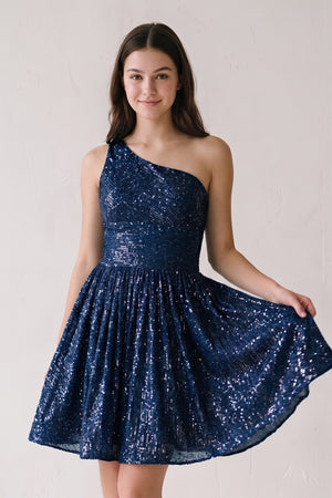 Navy Blue A-Line One Shoulder Sequins Homecoming Dress-KISSPROM
