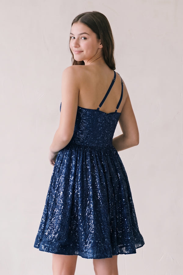 Navy Blue A-Line One Shoulder Sequins Homecoming Dress-KISSPROM