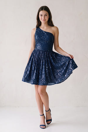 Navy Blue A-Line One Shoulder Sequins Homecoming Dress-KISSPROM