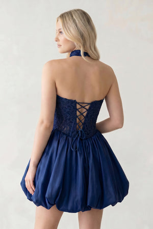 Navy Blue A Line Strapless Corset Beaded Bubble Hem Homecoming Dress with Choker | KISSPROM