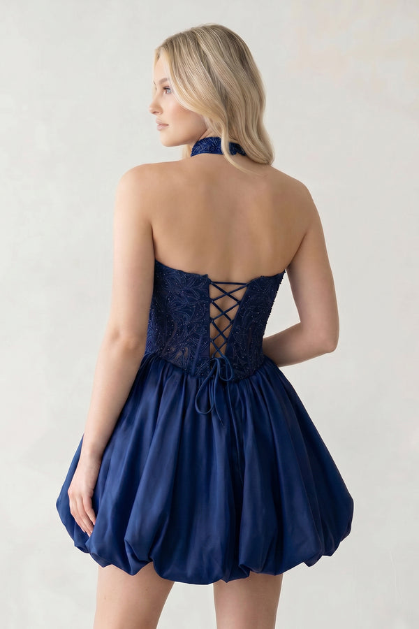 Navy Blue A Line Strapless Corset Beaded Bubble Hem Homecoming Dress with Choker | KISSPROM
