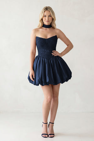Navy Blue A Line Strapless Corset Beaded Bubble Hem Homecoming Dress with Choker | KISSPROM