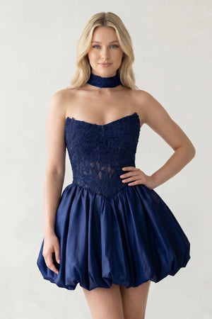 Navy Blue A Line Strapless Corset Beaded Bubble Hem Homecoming Dress with Choker | KISSPROM