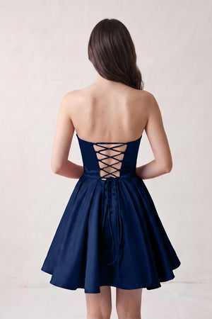 Navy Blue A Line Strapless Satin Homecoming Dress (2) | KISSPROM